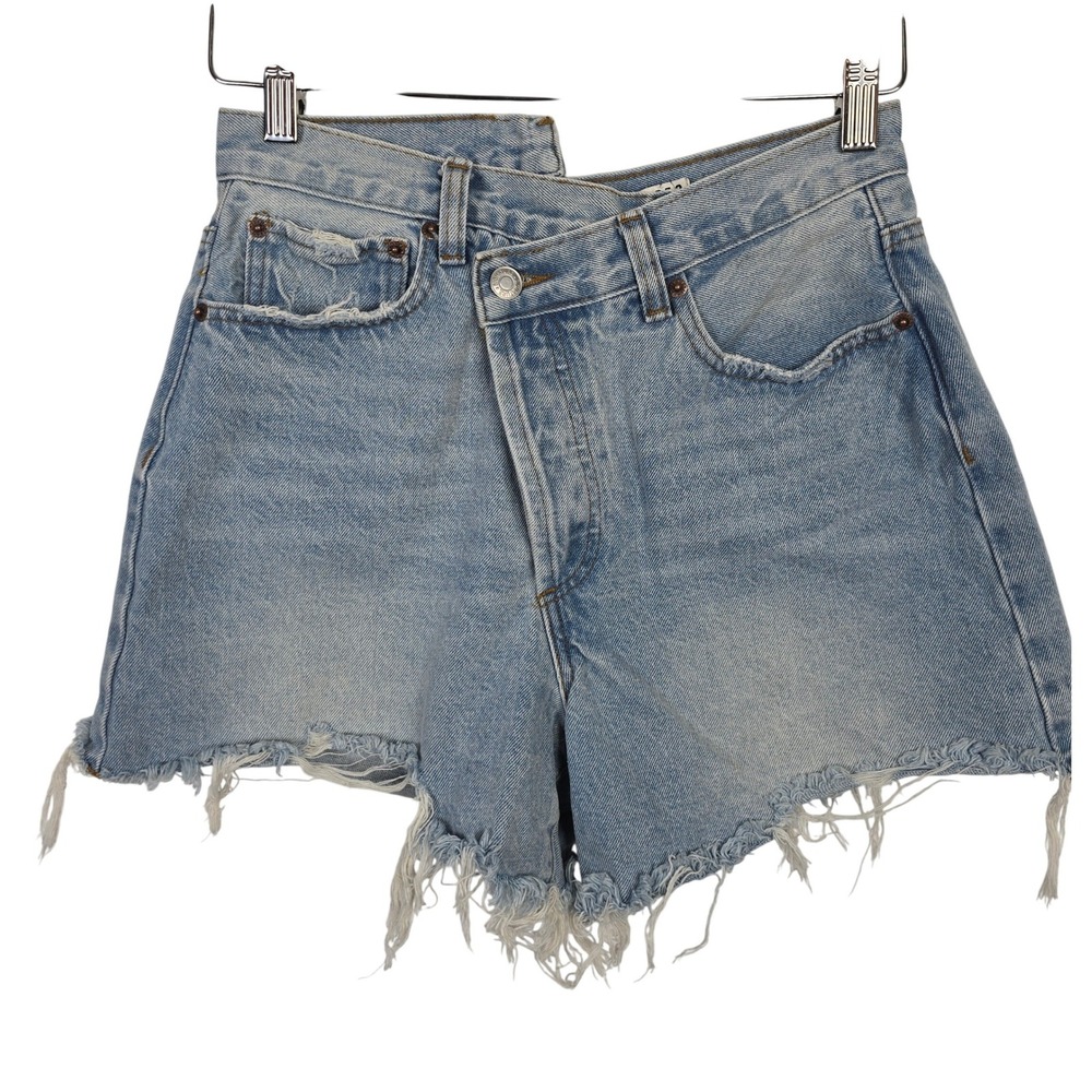 Signature 8 Womens Asymmetrical Criss Cross High Rise Denim Shorts Light Wash S